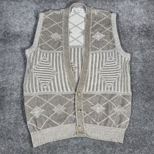 VTG Jantzen Sweater Cardigan Men's Medium Beige Geometric Eclectic‎ Grandpa